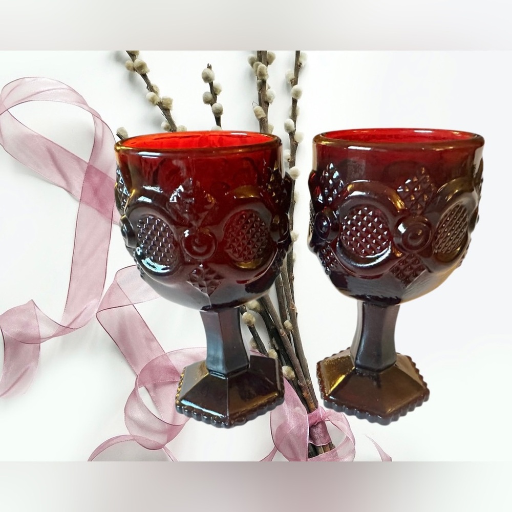 Avon Vintage “1876 Cape Cod Collection” Set of 2 Ruby Red Cranberry Goblets